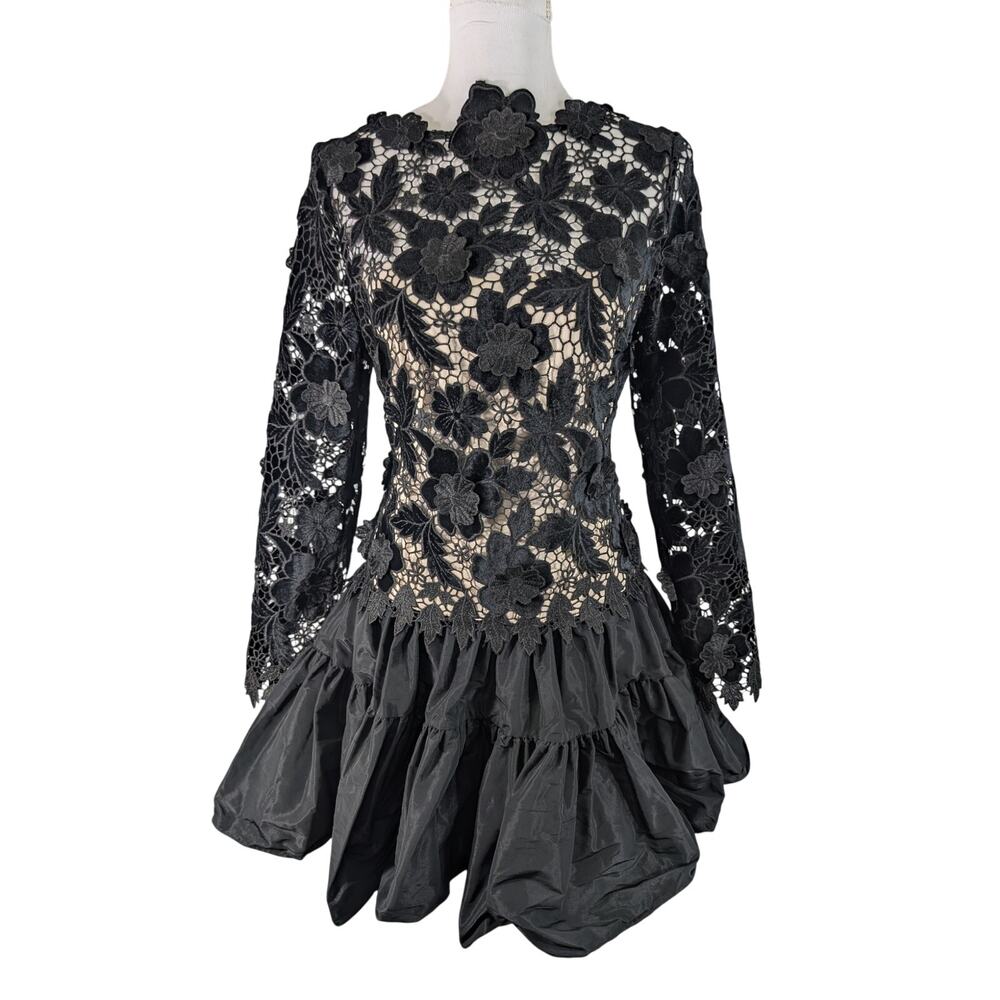 NWT@$269! ANTONIO MELANI/EMILY HERTZ! BLACK FLORAL LACE, RAW SATIN DRESS! SZ 6 - Picture 3 of 16